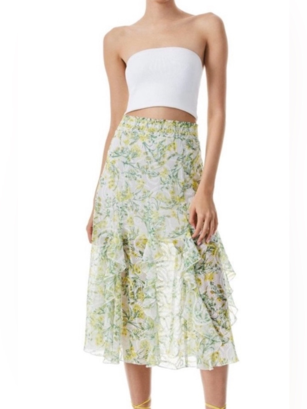 Alice+Olivia Jocelyn Womens 2 Sun Ditsy Floral Eyelet Embroidered Midi Skirt